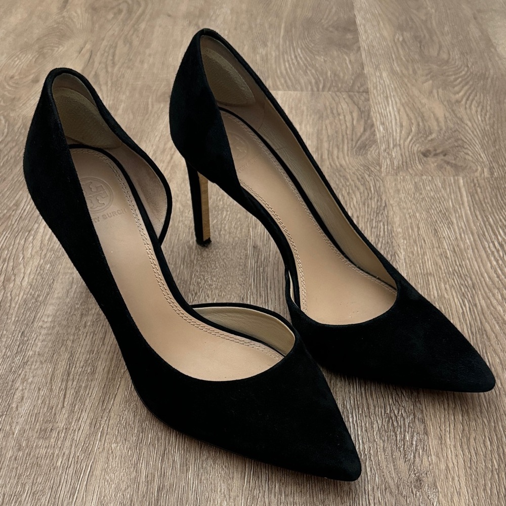 EUC Tory Burch Black Suede Pointed-Toe Stiletto Pumps with Gold Detail- Size 8.5